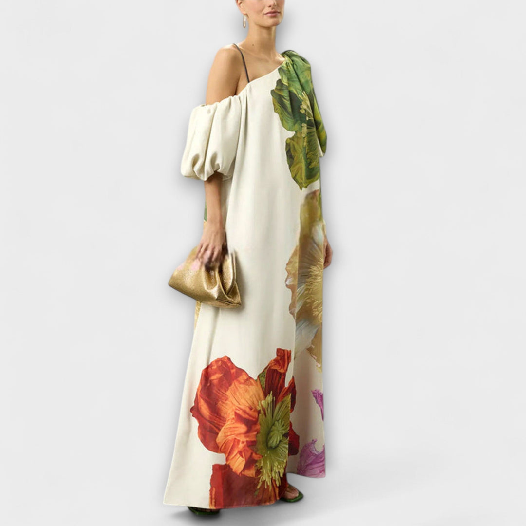 Skylar - Maxikleid mit Blumendruck, schrägem Kragen und Puffärmeln