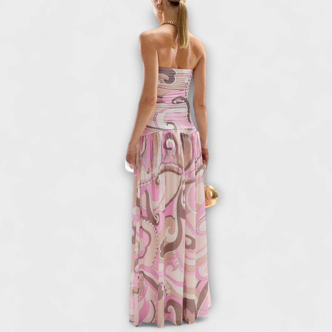 Tatum - Atemberaubendes pastellfarbenes schulterfreies Maxikleid