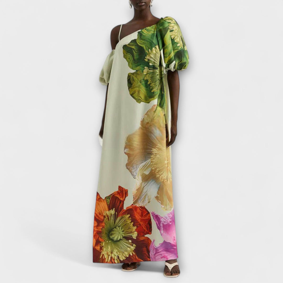 Skylar - Maxikleid mit Blumendruck, schrägem Kragen und Puffärmeln
