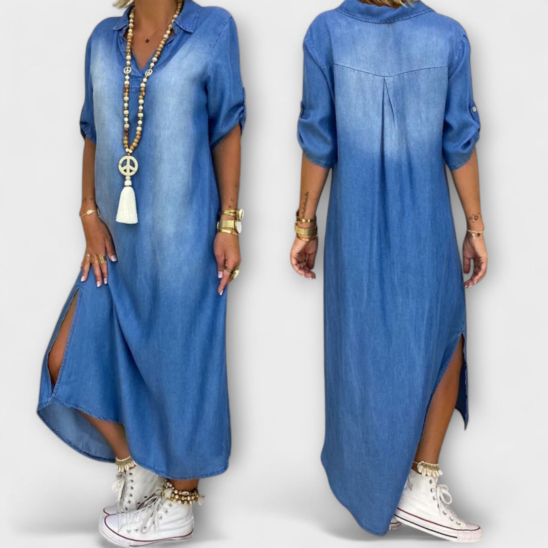 Lea - Langes Denim-Look Kleid mit Seitenschlitz