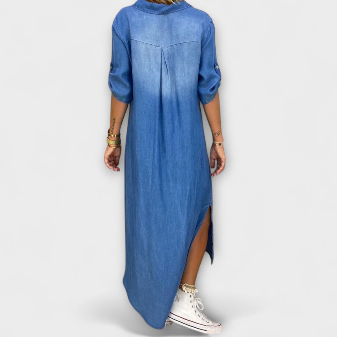 Lea - Langes Denim-Look Kleid mit Seitenschlitz