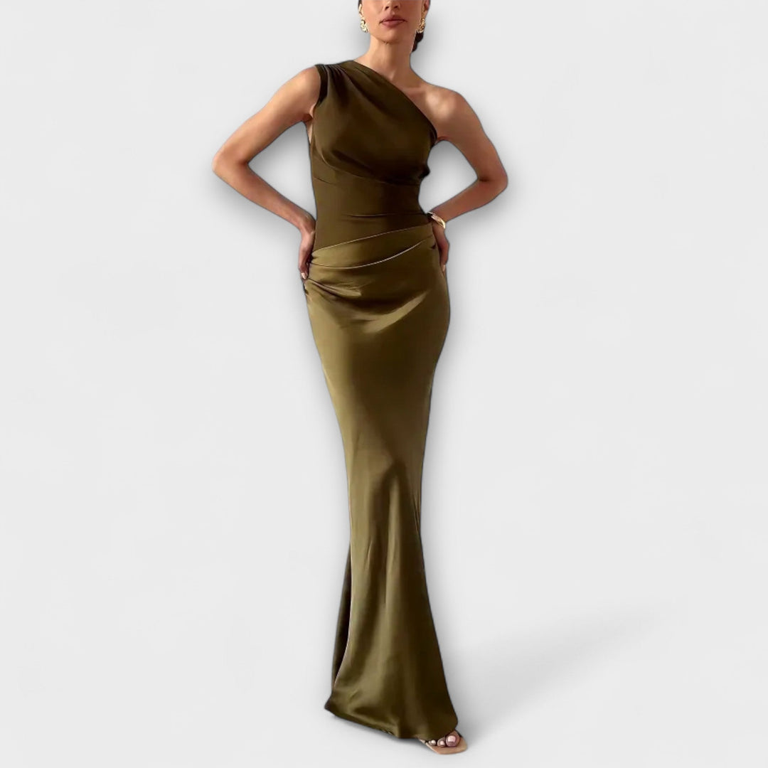 Elegantes Ein-Schulter Falten Maxi Kleid