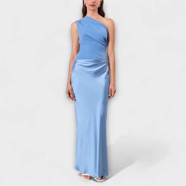 Elegantes Ein-Schulter Falten Maxi Kleid