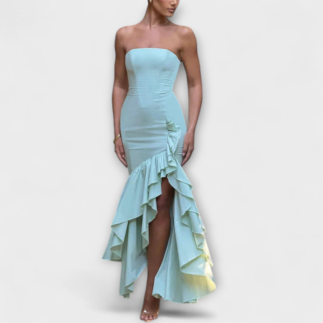 Zuri - Off-Shoulder Slim Fit Maxikleid mit asymmetrischem Saum