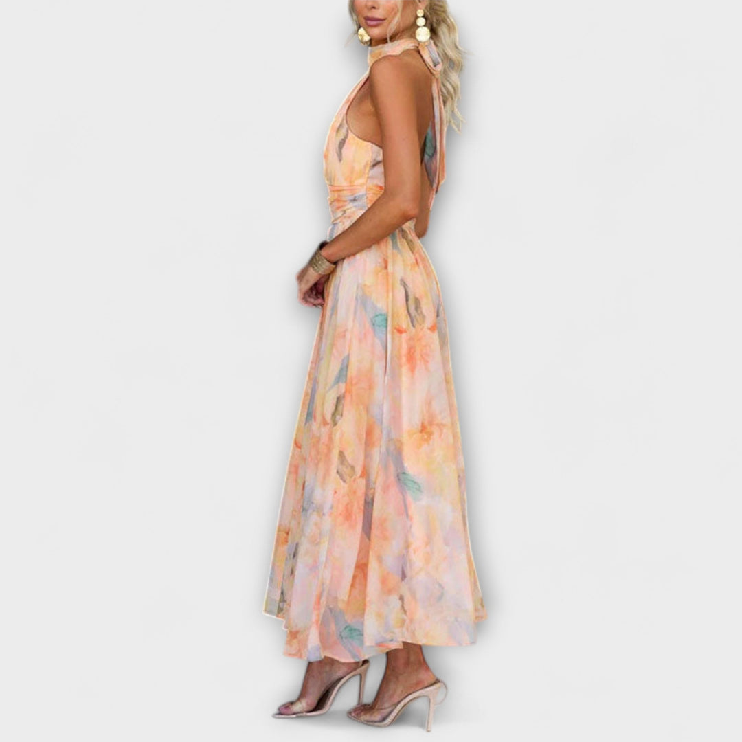 Halter-Neck Aquarell Print Maxi Kleid