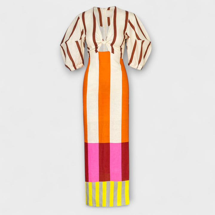 Kaya - Maxi-Kleid mit Front-Ausschnitt und Puffärmeln