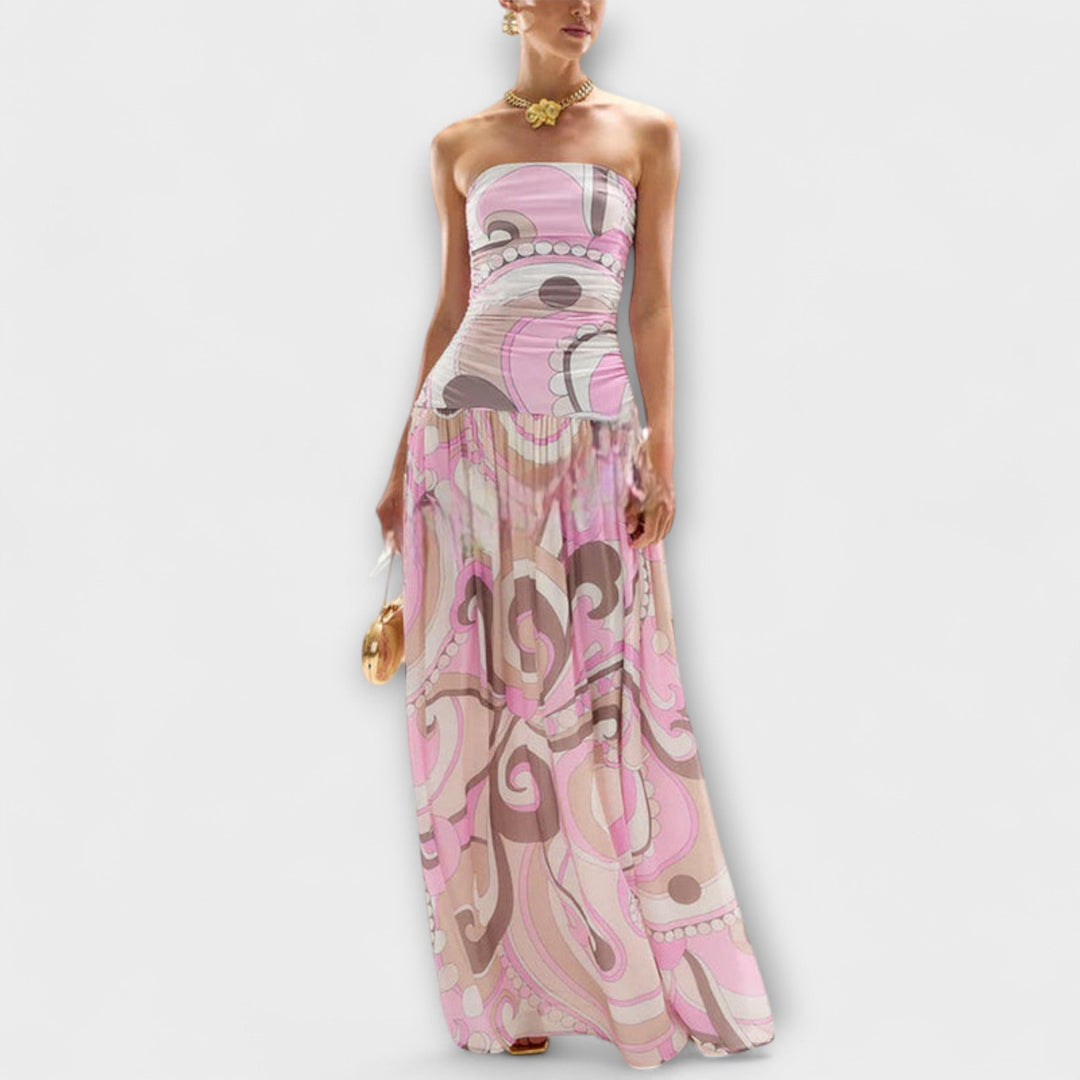 Tatum - Atemberaubendes pastellfarbenes schulterfreies Maxikleid