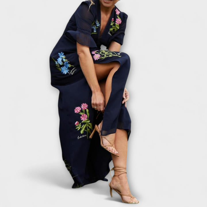 Beatrice - Elegantes Navy Blau Kleid mit Floralstickerei