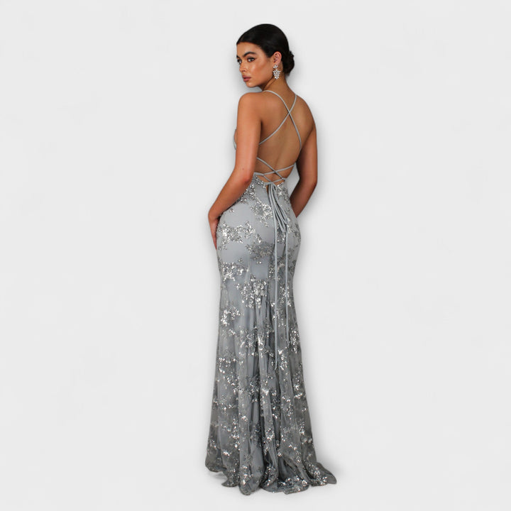 Zayla - Rückenfreies Maxikleid mit Pailletten-V-Ausschnitt