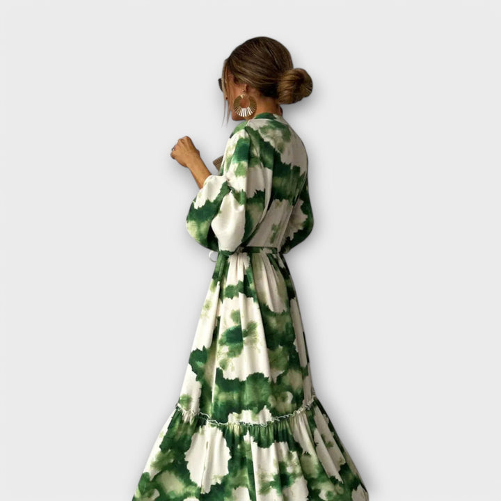Melina - Grünes Maxi-Kleid mit langen Ärmeln und V-Ausschnitt