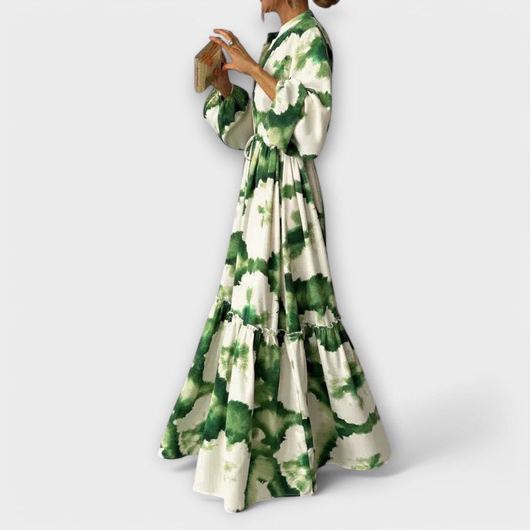 Melina - Grünes Maxi-Kleid mit langen Ärmeln und V-Ausschnitt