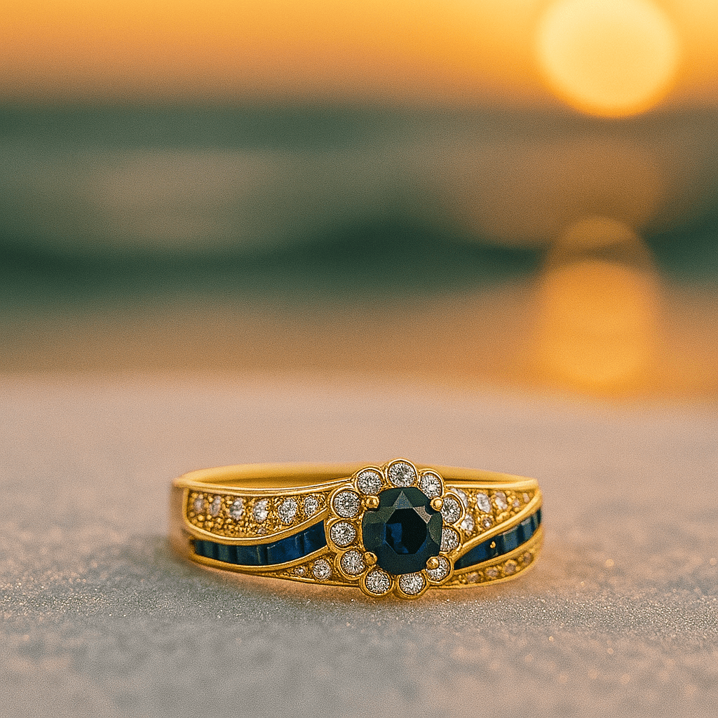 Verlobungsring mit blauem Zirkon und Kristallverzierungen
