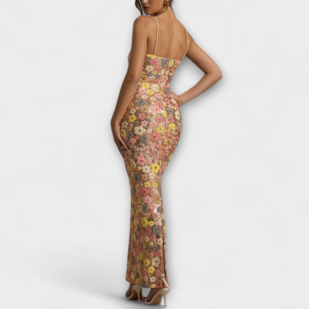 Oakley - Maxi-Kleid mit floralen Pailletten im 80er-Jahre-Stil