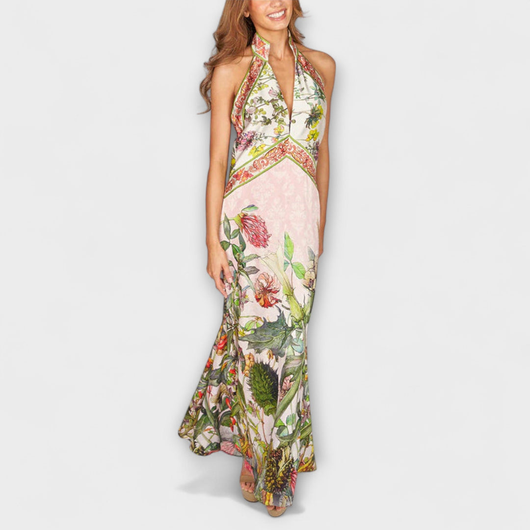 Ayla - Blumenmuster Ärmelloses Offenes Rücken Maxikleid