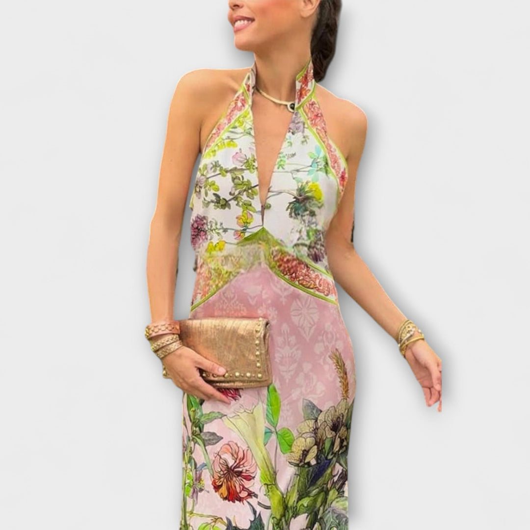 Ayla - Blumenmuster Ärmelloses Offenes Rücken Maxikleid