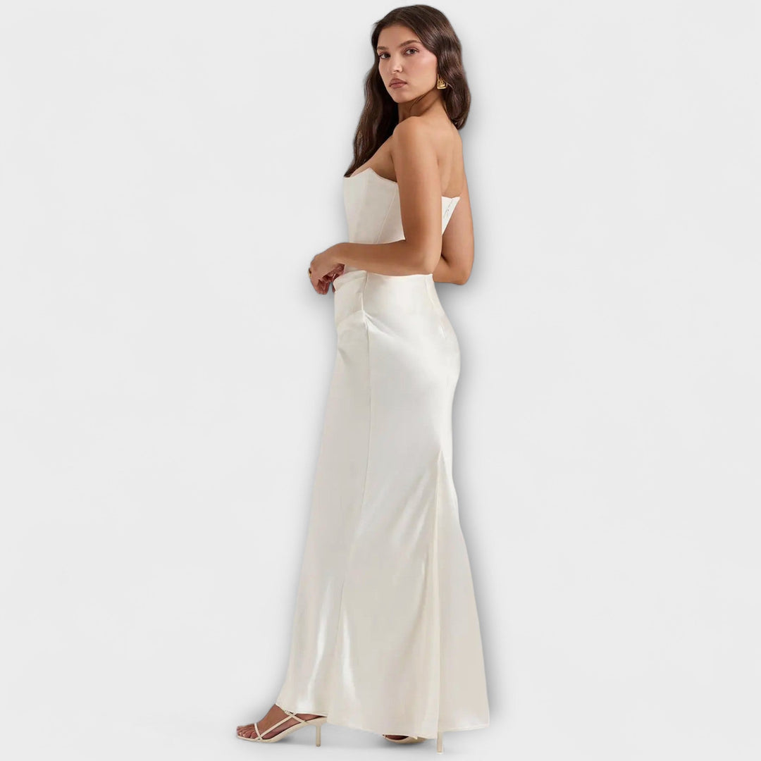 Schulterfreies Satin-Maxikleid mit Drapierung
